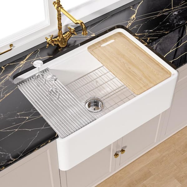 WetBase Fireclay Workstation Sink 30 in. White Farmhouse Sink Single Bowl Farmhouse/Apron-Front Sink with Cutting Board Grid