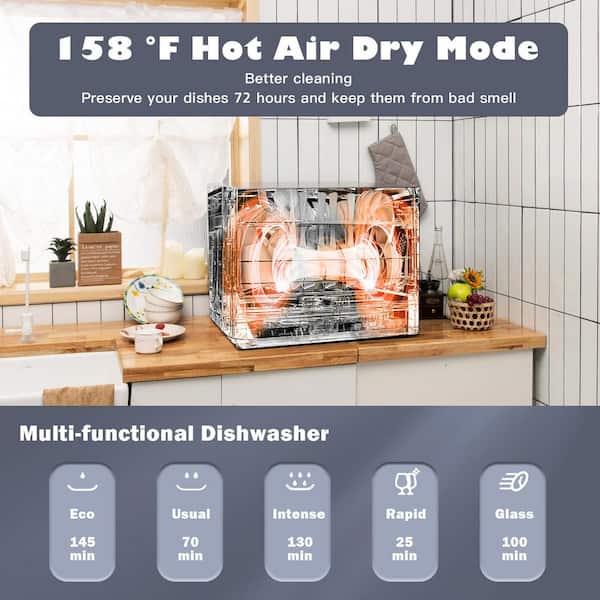 Portable Dishwasher Countertop Dishwashing Machine Hot Air Drying with 5L  Water Tank & 5 Washing Modes