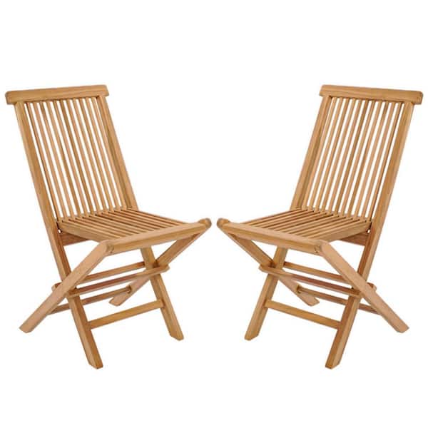 Set of 2 Teak Wood Frame Patio Folding Outdoor Dining Chairs with Slatted Seat and High Back in Natural Brown