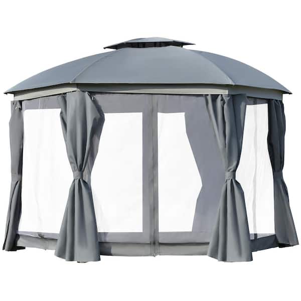 Tenleaf 12 ft. x 12 ft. Gray Hexagon Patio Gazebo Canopy with Double Roof, Netting Sidewalls and Curtains, Zippered Doors