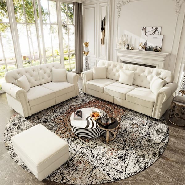 3-Piece Beige and White Velvet Upholstery Living Room Set