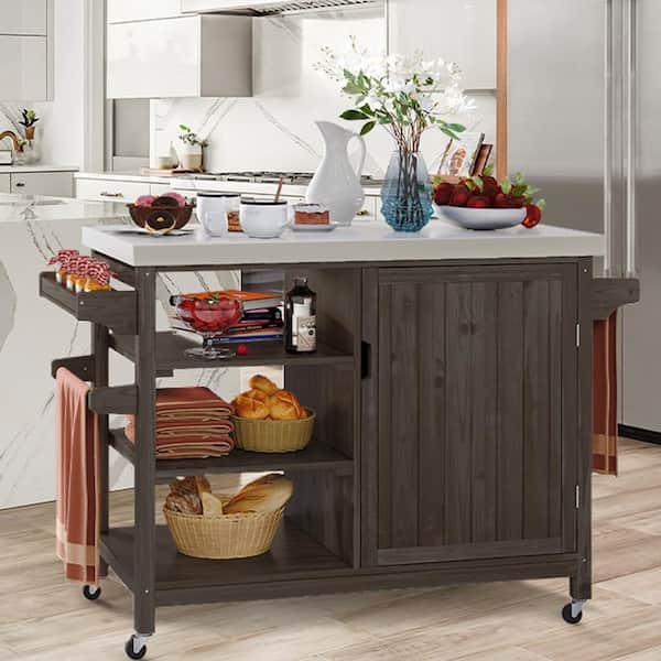 DEXTRUS Solid Wood Outdoor Barbeque Island Cart Serving Bar with Open Shelf and Wheels