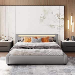 65.70 in. W Queen Upholstered Leather Platform bed in Gray with a Hydraulic Storage System, LED Light Headboard