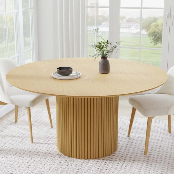 Round Oak Wood 60 in. Column Base Dining Table Seats 8