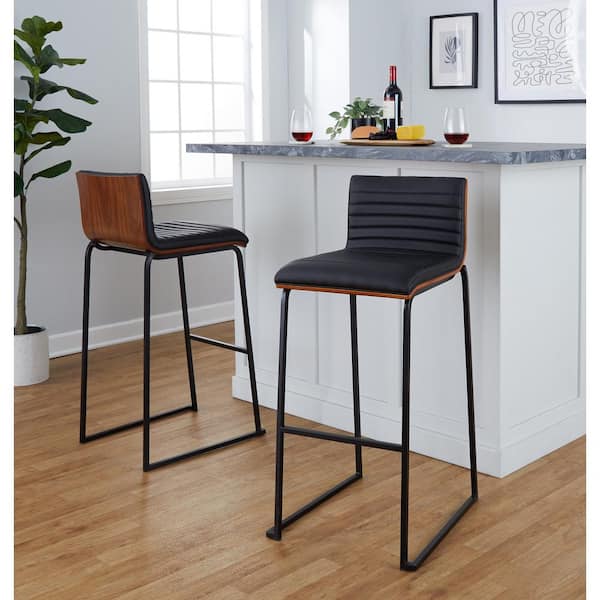 Lumisource Mason Mara 30.75 in. Black Faux Leather, Walnut Wood and Black Metal Bar Stool (Set of 2)