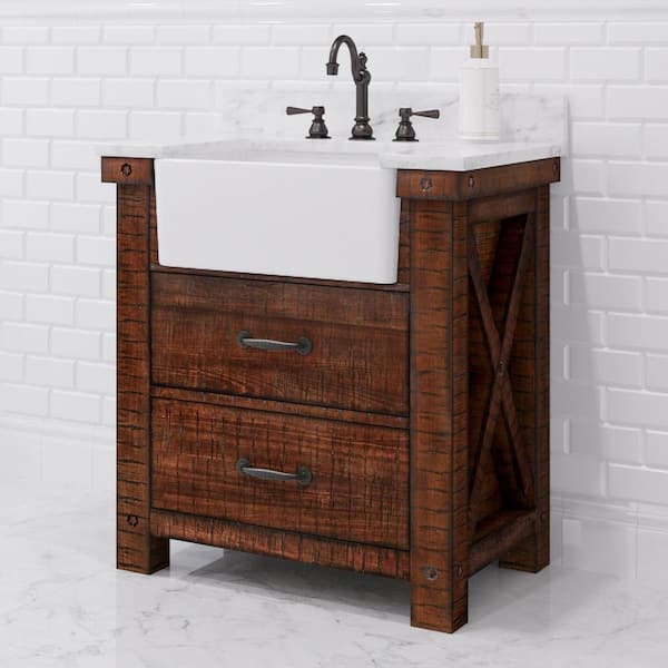 Water Creation Paisley 31 in. W x 22 in. D Vanity in Rustic Sienna with Marble Vanity Top in White with White Basin and Hook Faucet