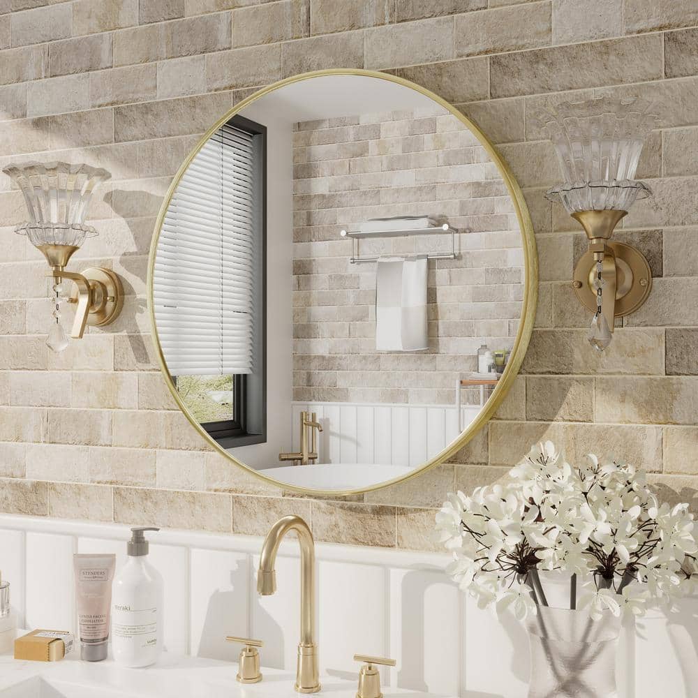 18 in. W x 18 in. H Round Framed French Cleat Wall Mounted Tempered Glass Bathroom Vanity Mirror in Brushed Gold price history on PriceWatchPro