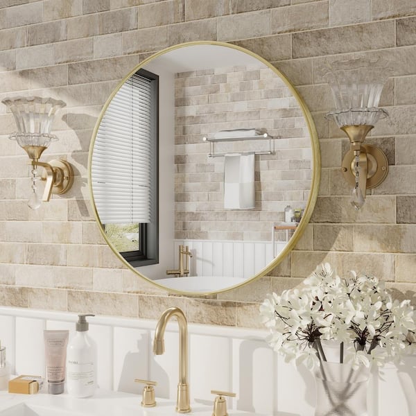 48 in. W x 48 in. H Round Framed French Cleat Wall Mounted Tempered Glass Bathroom Vanity Mirror in Brushed Gold