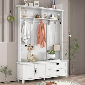 White Freestanding Hall Tree with Mudroom Bench, 2-Drawers, Cabinet and Hooks