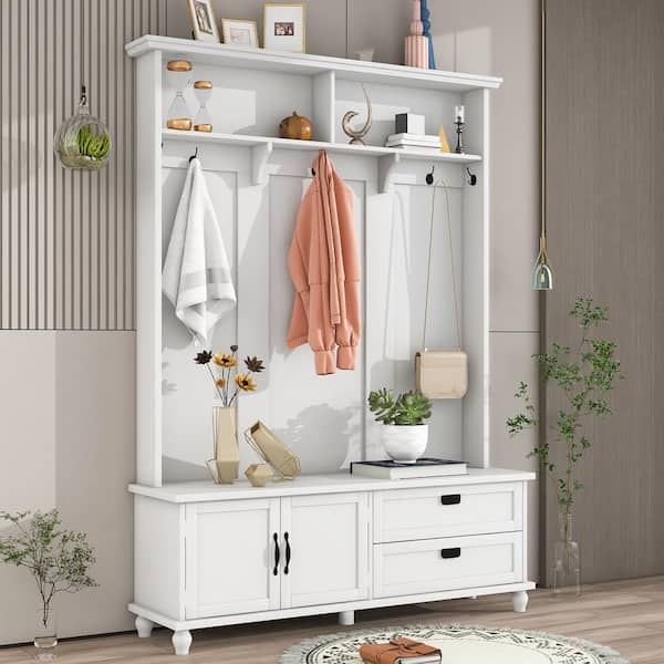 Nestfair White Freestanding Hall Tree with Mudroom Bench, 2-Drawers, Cabinet and Hooks