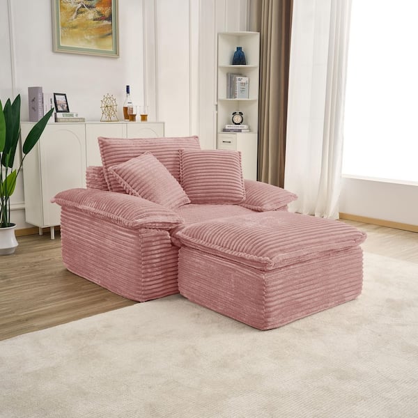 Pink Club Chair with Ottoman, Modular Accent Char, Lounge Chair Set with Corduroy Upholstery, Deep Seat Armchair
