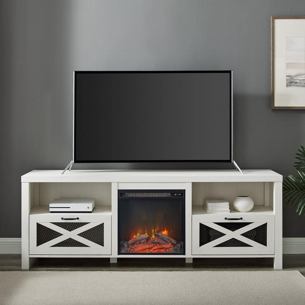 Brushed White 70" TV Stand with Electric Fireplace and Mesh Cabinets