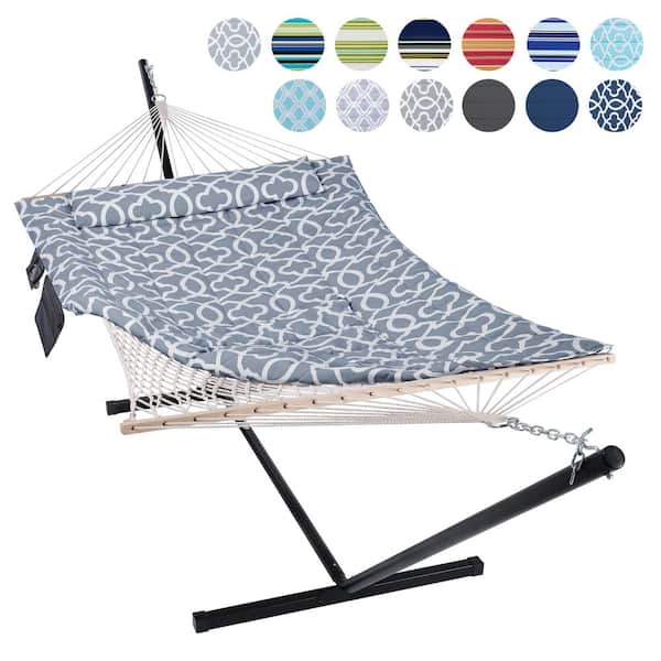 Atesun 10 ft. x 12 ft. Quilted Rope Hammock and 12 ft. Steel Stand with Detachable Pillow, Dark Gray Pattern