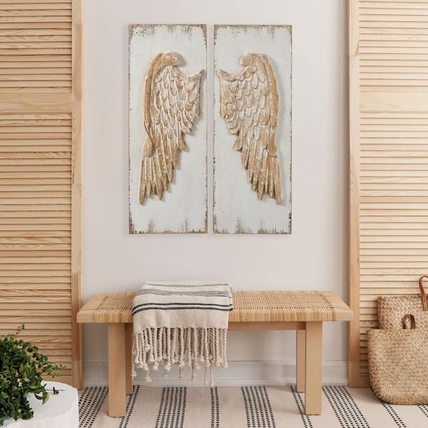 TUKTUK Bulda 42 in. x 15.7 in. Wood white tone Handmade Carved Art Wall Decor Wall Sculptur Wooden Wall Art (Set of 2）