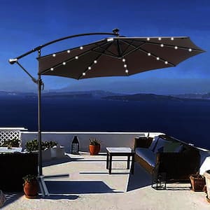 10 ft. Steel Cantilever Solar Patio Umbrella in Chocolate with 24 Solar LED Lights and Cross Base for Backyard Poolside