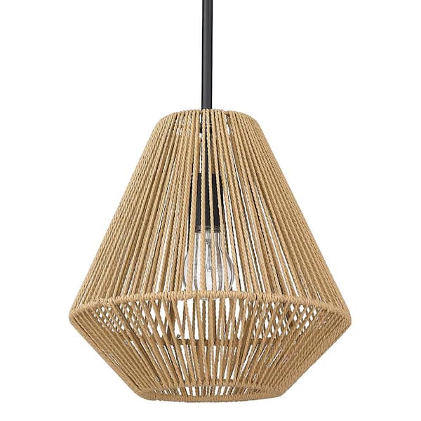 Valentina 1-Light Matte Black Lantern Pendant with Natural Raphia Rope Shade
