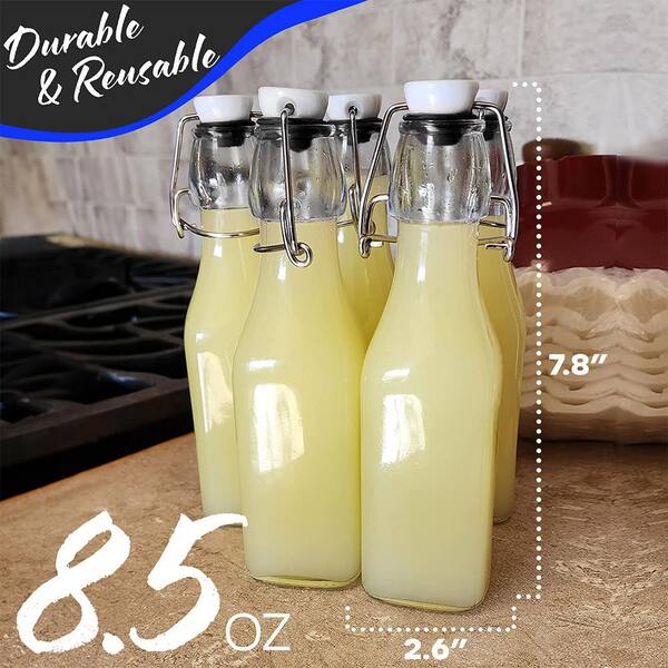 Nevlers - 12-Pack 8.5 oz. Square Glass Bottles with Swing Top Stoppers, Bottle Brush, Funnel, and Gold Glass Marker