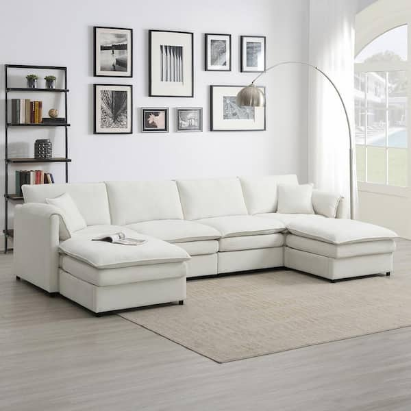 Harper Bright Designs 134 in. Pillow Top Arm 6 Seat U Shape Chenille Sectional Sofa in Cream with Double Cushions 2 Ottomans GTT044AAW