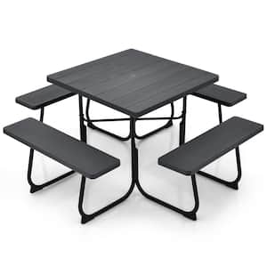 67 in. Black Square Metal Outdoor Picnic Table with 4 Benches and Umbrella Hole