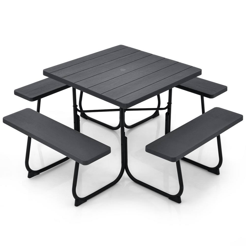 ANGELES HOME 67 in. Black Square Metal Outdoor Picnic Table with 4 Benches and Umbrella Hole