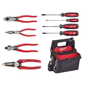 Electricians 9 in. Lineman's Dipped Grip Pliers with Wire Stripper, Work Pouch and Screwdriver Hand Tool Set (9-Piece)