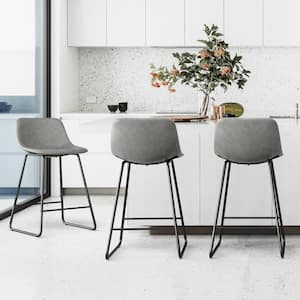 33.5 in. Gray Faux Leather Bar Stools Metal Frame Counter Height Bar Stools (Set of 3)