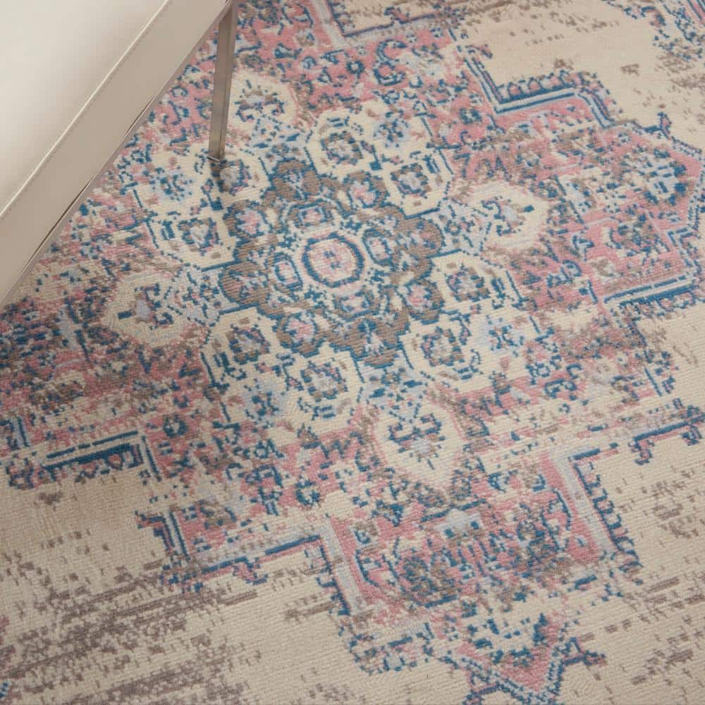 Ivory/Pink/Blue Hand-knotted Synthetic Medallion Area Rug