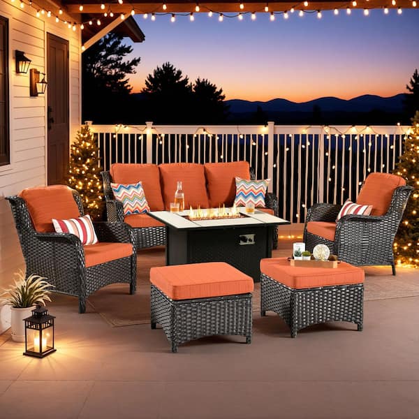 Clario 6-Piece Wicker Patio Furniture Conversation Seating Set with Fire Pit, Orange Red Cushions for All-Weather
