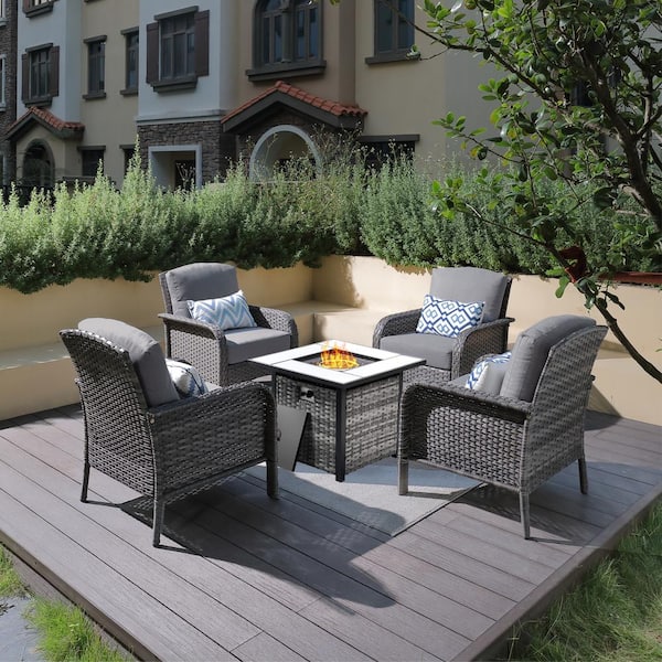 Hyacinth Gray 5-Piece Wicker Patio Outdoor Conversation Seating Set with a Square Fire Pit and Dark Gray Cushions