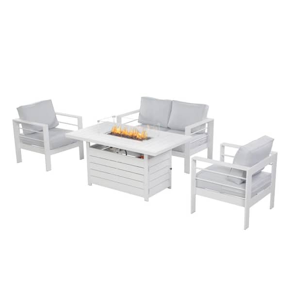 SUNVIVI 4-Piece Patio Furniture Set with Propane Firepit, Light Gray Cushion