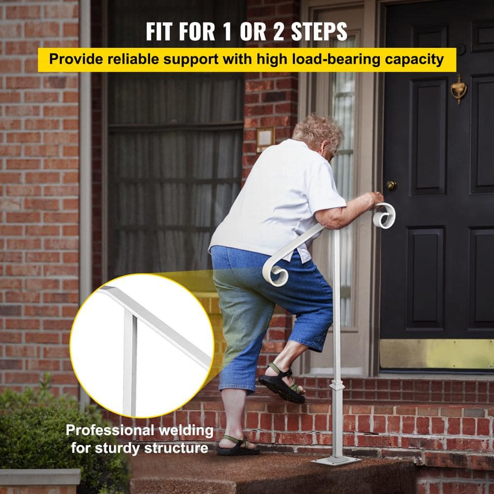Matte White Wrought Iron Single Post Handrail for 1-2 Steps