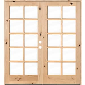 72 in. x 80 in. French Knotty Alder Unfinished Left-Hand Clear 10-Lite Glass Wood Inswing Double Prehung Front Door