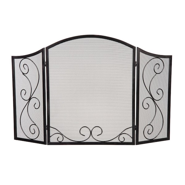 Iris 33 in. x 26 in. Scroll Black Metal 3-Panel Fireplace Screen
