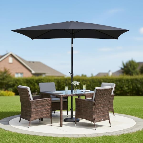 9 ft black patio umbrella CABANA with Round Base Weight Included, Black/White Stripe dyed polyester 9 X 11 FT Outdoor