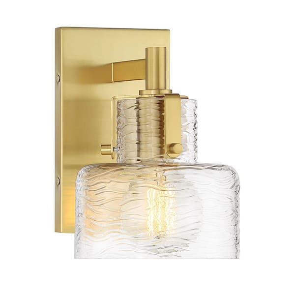 Dover 6 in. W x 9 in. H 1-Light Warm Brass Contemporary Wall Sconce with Clear Crinkle Glass Shade