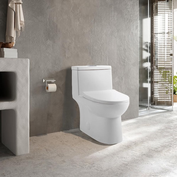 1-Piece 0.8/1.28 GPF Dual Flush Round Modern Toilet Soft Closing Seat, Quick Release in White Soft Close Seat Included