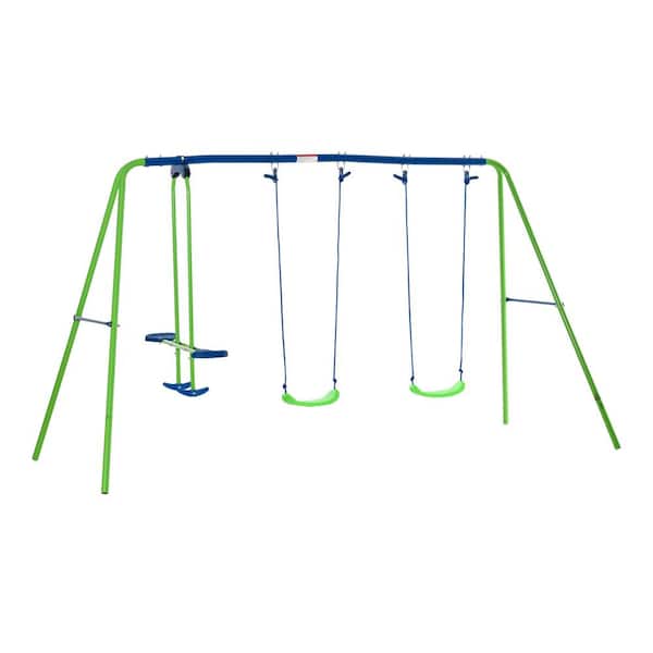 Unbranded Green Outdoor Metal Swing Set with Glider, 2-Swing Seats and Adjustable Height, Heavy Duty A-Frame or Playground