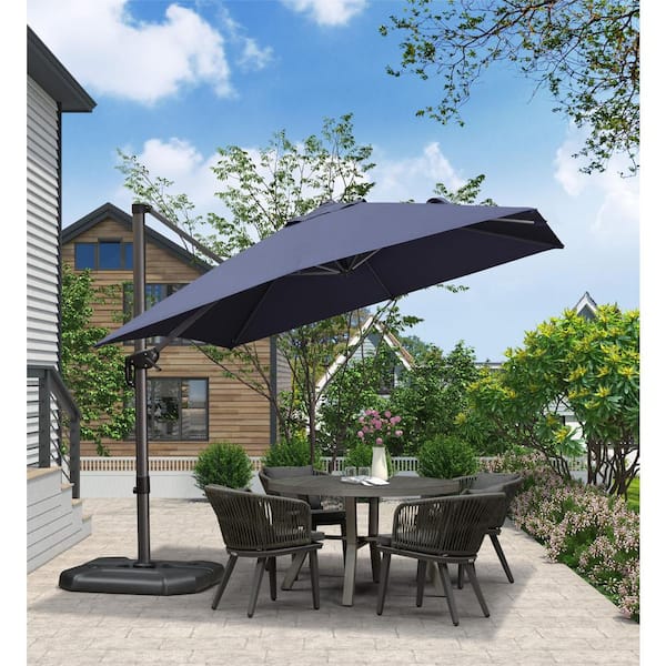 PURPLE LEAF 9 ft. Square Aluminum Outdoor Patio Cantilever Umbrella Offset 360° Rotation Umbrella with Base, Navy Blue