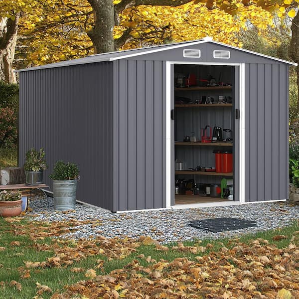 Misopily 8 ft. x 12 ft. Dark Gray Heavy Duty Metal Shed Tool