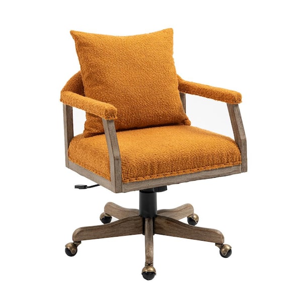 Unbranded Modern Boucle Fabric Height Adjustable Wood Base Swivel Ergonomic Home Office Desk Task Chair in Orange with Arms