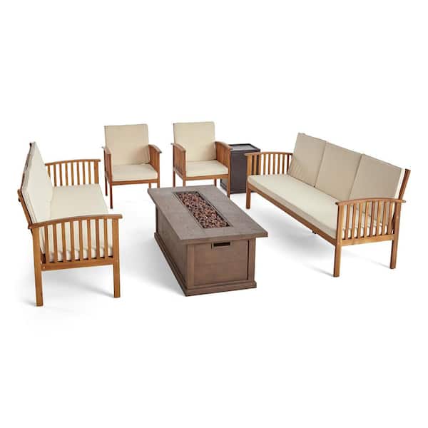 Noble House Carolina Teak Brown 6-Piece Wood Patio Fire Pit Seating Set with Cream Cushions