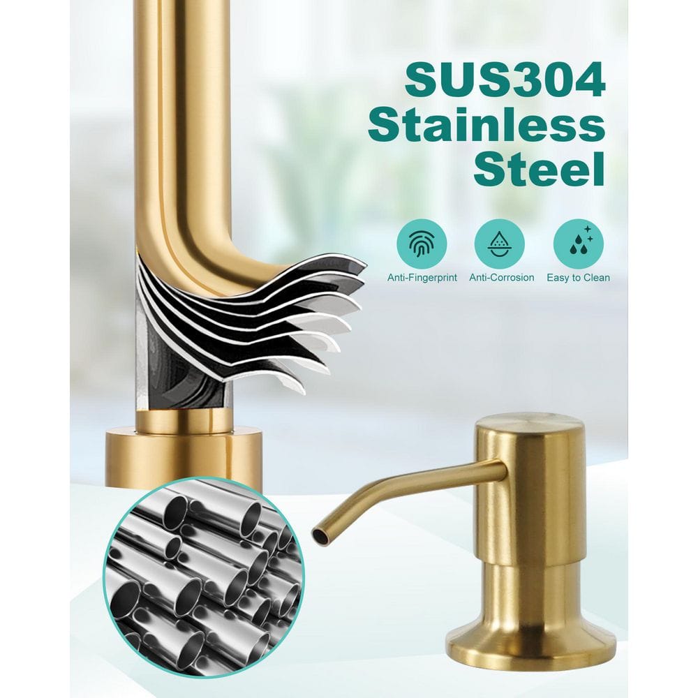 Brushed Gold Stainless Steel Pull Down Kitchen Faucet with Soap Dispenser