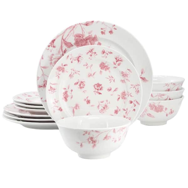 Martha Stewart Empress Bouquet 12 Piece Round Porcelain Dinnerware Set in Pink