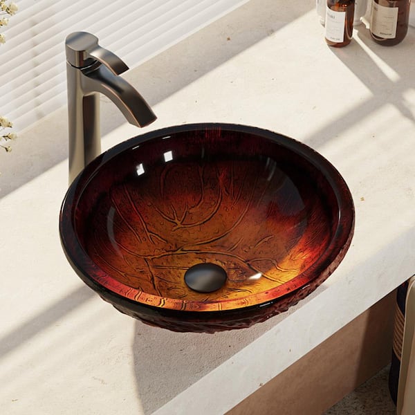 Rene Glass Vessel Sink in Fiery Red with R9-7006 Faucet and Pop-Up Drain in Antique Bronze