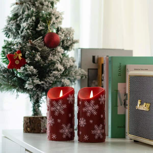 Red Embossed Snowflake Real Wax LED Candles-Flameless Flickering