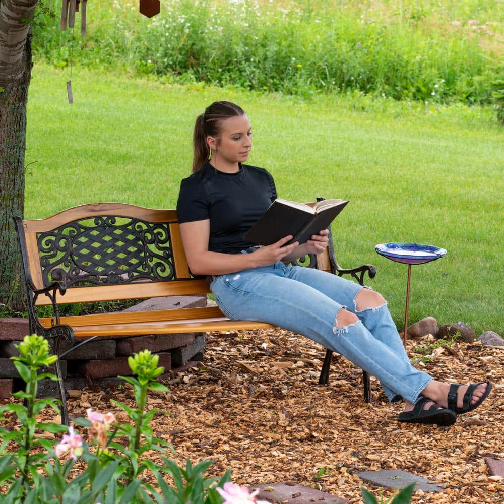 Sunnydaze 49" Black Cast Iron and Wood Outdoor Bench
