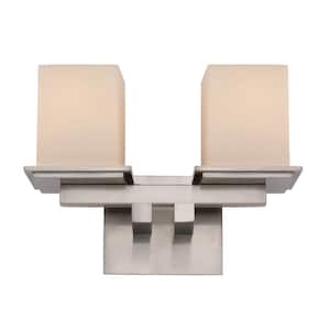 Fusion II 2-Light CFL Brushed Nickel Bathroom Vanity Light Fixture with Square Frosted Glass Shades