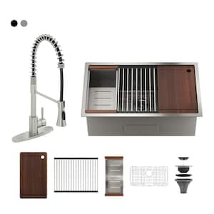 Stainless Steel Sink 30 in. Single Bowl Undermount Workstation Kitchen Sink with Brushed Nickel Faucet and Accessories