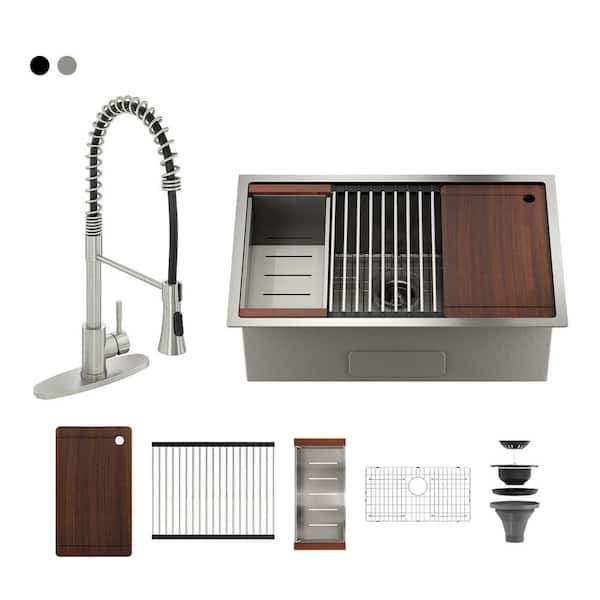 CASAINC Stainless Steel Sink 30 in. Single Bowl Undermount Workstation ...