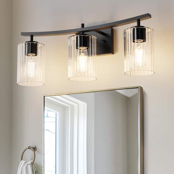 24 in. 3-Light Matte Black Cylinder Vanity Light with Clear Glass Shade for Bathroom Dimmable